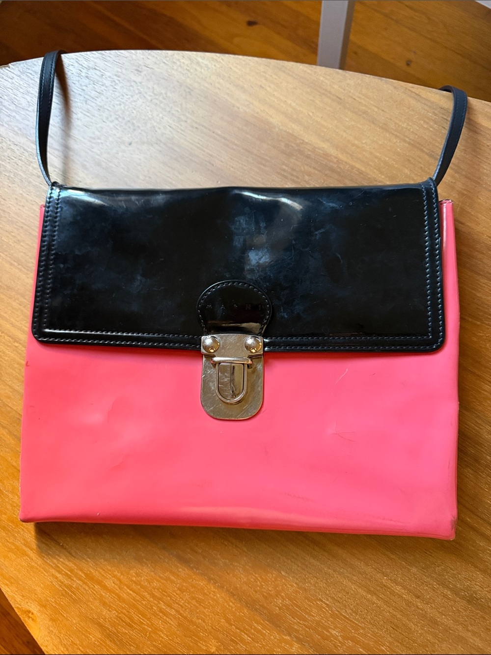 Marni Black and Pink Two-Tone patent leather Shoulder Bag with Silver Clasp